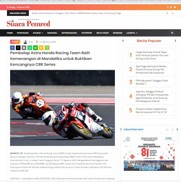 Pembalap Astra Honda Racing Team Raih Kemenangan di Mandalika untuk Buktikan Kencangnya CBR Series