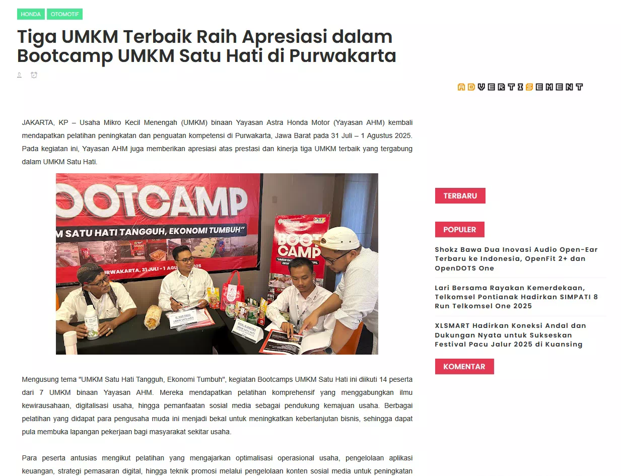 Tiga UMKM Terbaik Raih Apresiasi dalam Bootcamp UMKM Satu Hati di Purwakarta