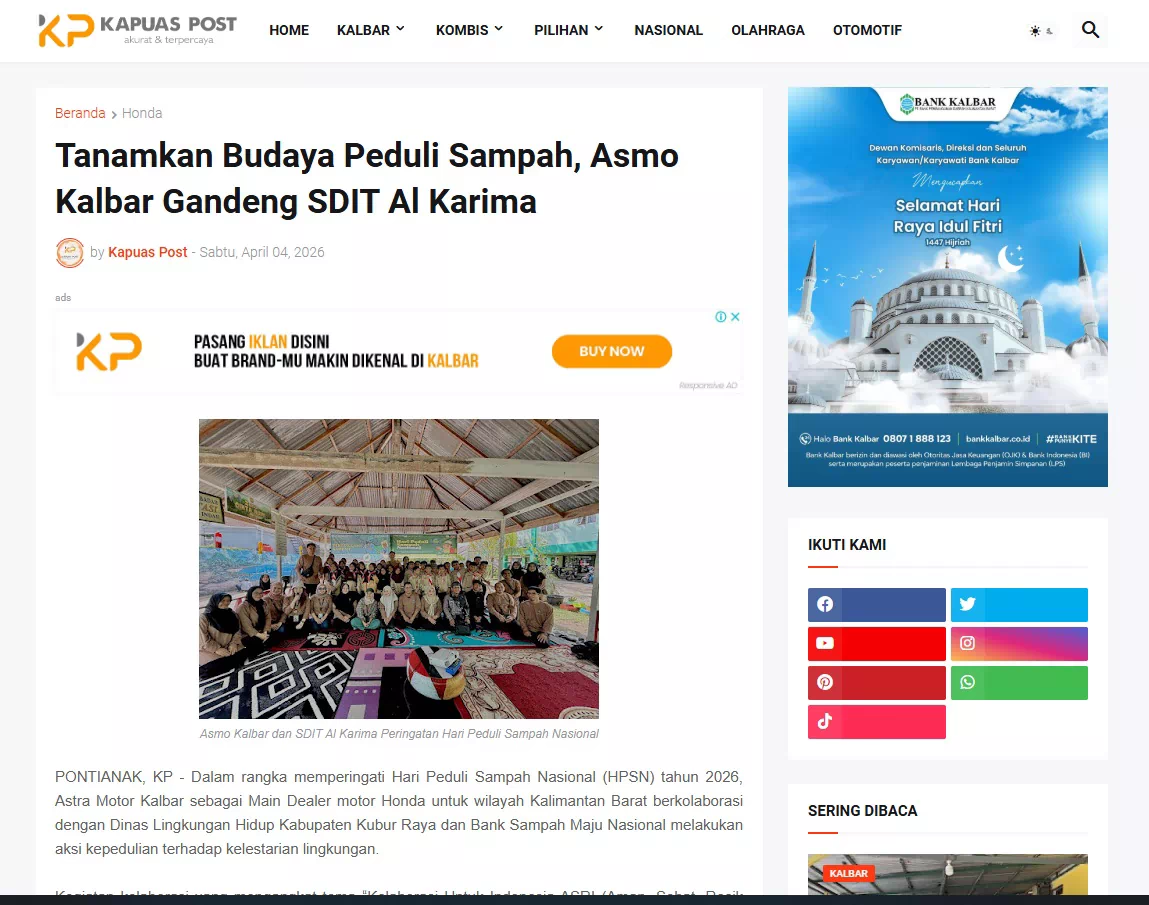 Tanamkan Budaya Peduli Sampah, Asmo Kalbar Gandeng SDIT Al Karima