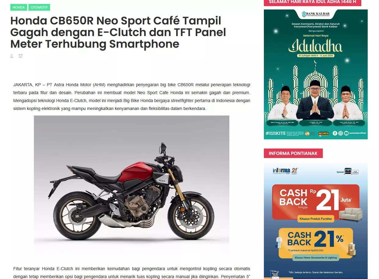 Honda CB650R Neo Sport Café Tampil Gagah dengan E-Clutch dan TFT Panel Meter Terhubung Smartphone
