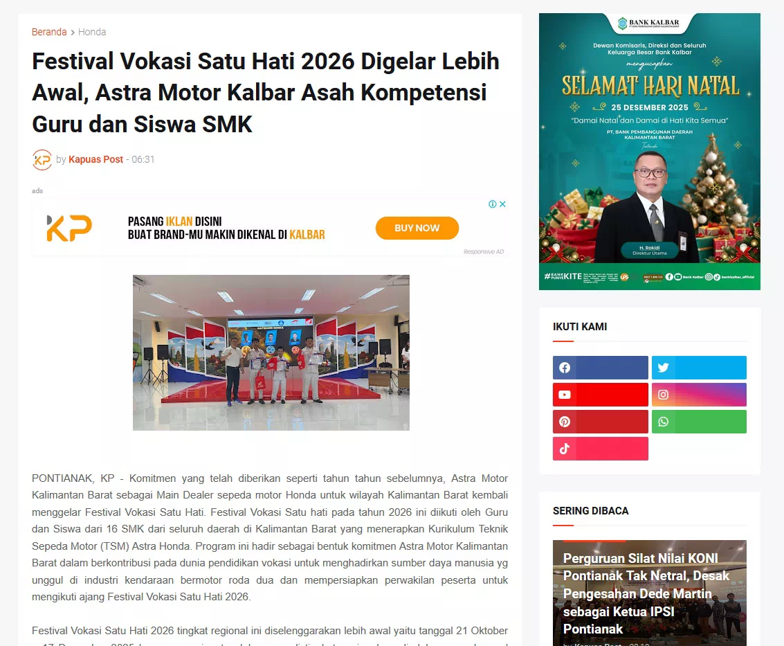 Festival Vokasi Satu Hati 2026 Digelar Lebih Awal, Astra Motor Kalbar Asah Kompetensi Guru dan Siswa SMK