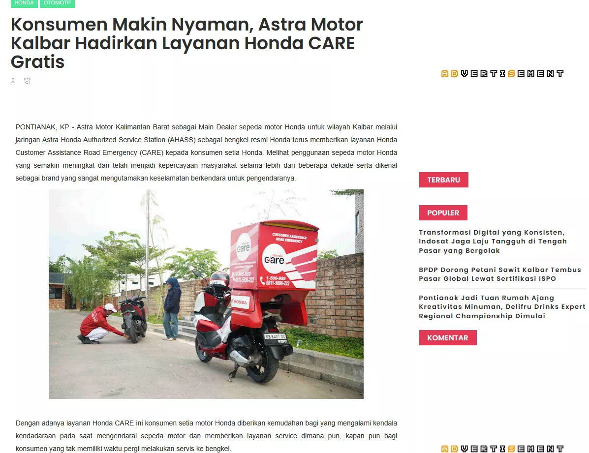 Konsumen Makin Nyaman, Astra Motor Kalbar Hadirkan Layanan Honda CARE Gratis