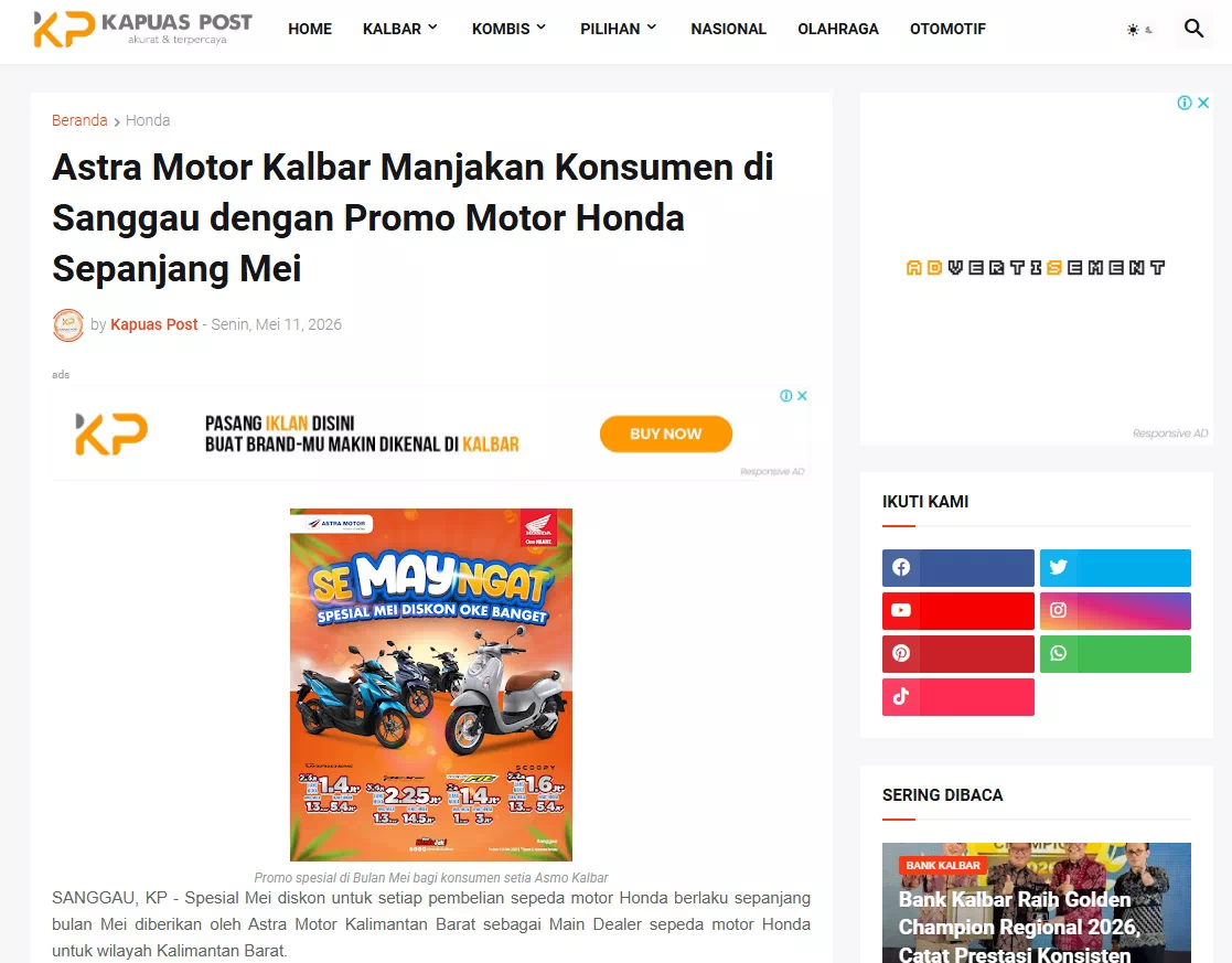 Astra Motor Kalbar Manjakan Konsumen di Sanggau dengan Promo Motor Honda Sepanjang Mei