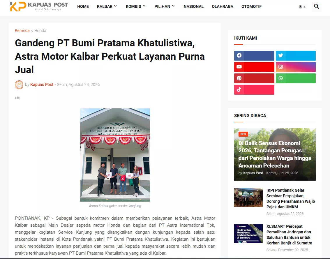 Gandeng PT Bumi Pratama Khatulistiwa, Astra Motor Kalbar Perkuat Layanan Purna Jual