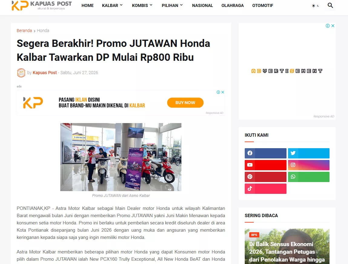 Segera Berakhir! Promo JUTAWAN Honda Kalbar Tawarkan DP Mulai Rp800 Ribu
