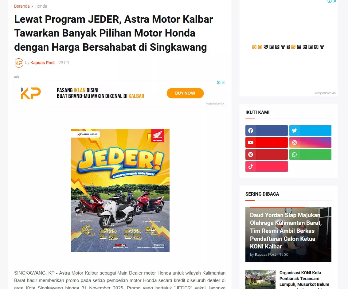 Lewat Program JEDER, Astra Motor Kalbar Tawarkan Banyak Pilihan Motor Honda dengan Harga Bersahabat di Singkawang