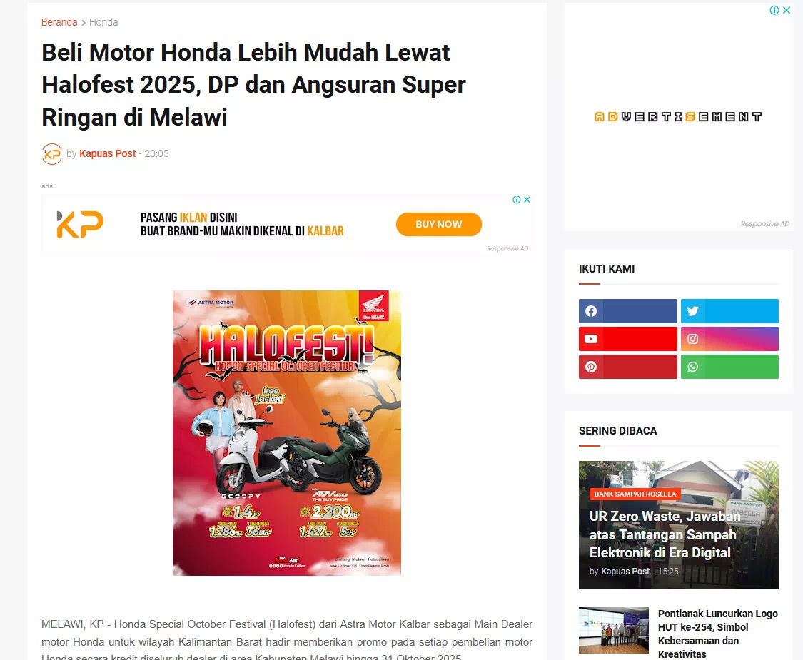 Beli Motor Honda Lebih Mudah Lewat Halofest 2025, DP dan Angsuran Super Ringan di Melawi