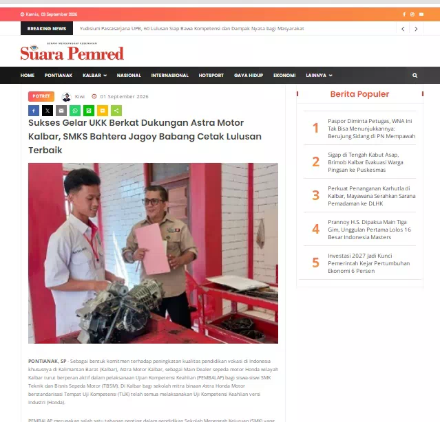 Sukses Gelar UKK Berkat Dukungan Astra Motor Kalbar, SMKS Bahtera Jagoy Babang Cetak Lulusan Terbaik