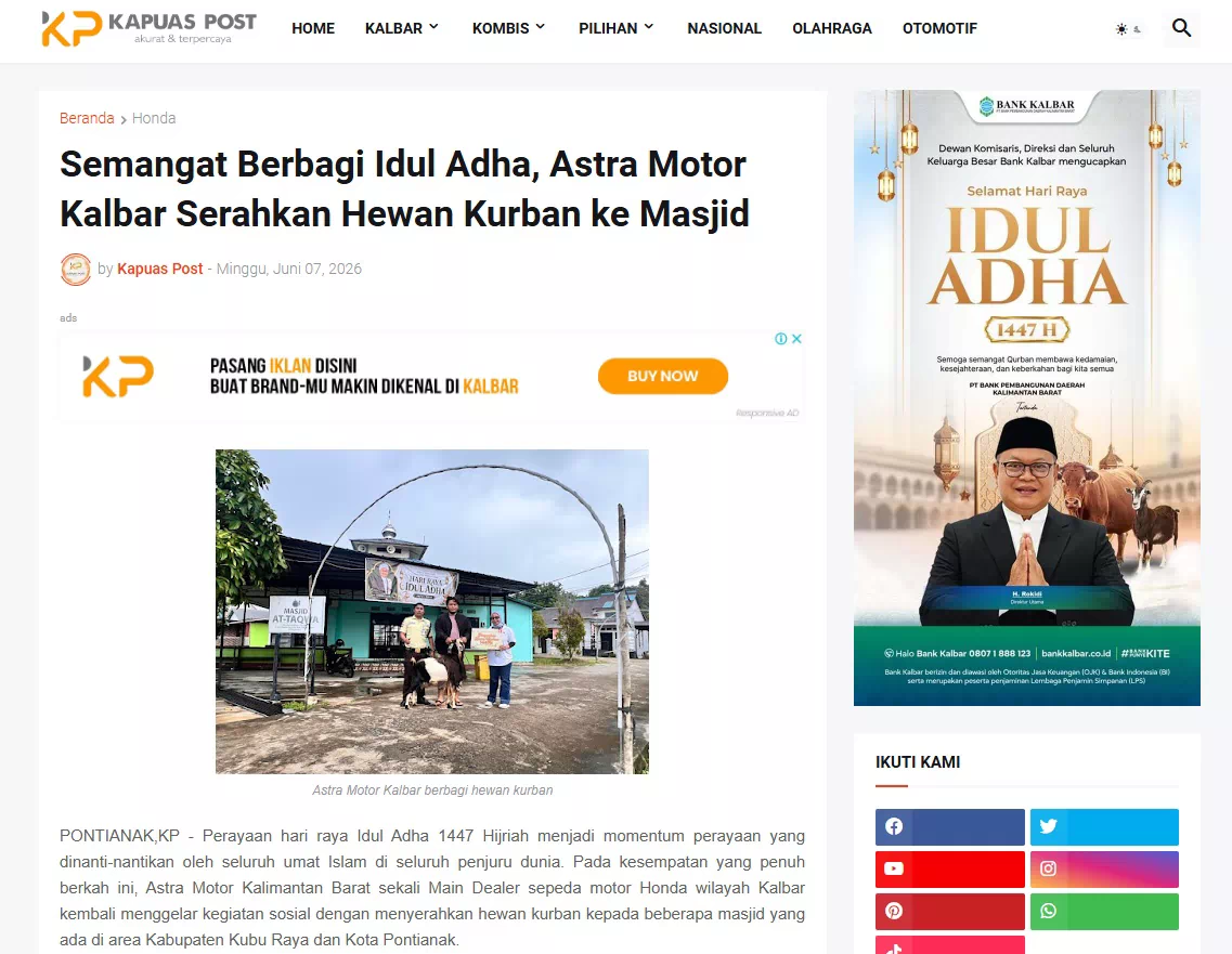 Semangat Berbagi Idul Adha, Astra Motor Kalbar Serahkan Hewan Kurban ke Masjid