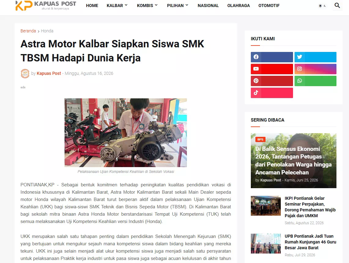 Astra Motor Kalbar Siapkan Siswa SMK TBSM Hadapi Dunia Kerja
