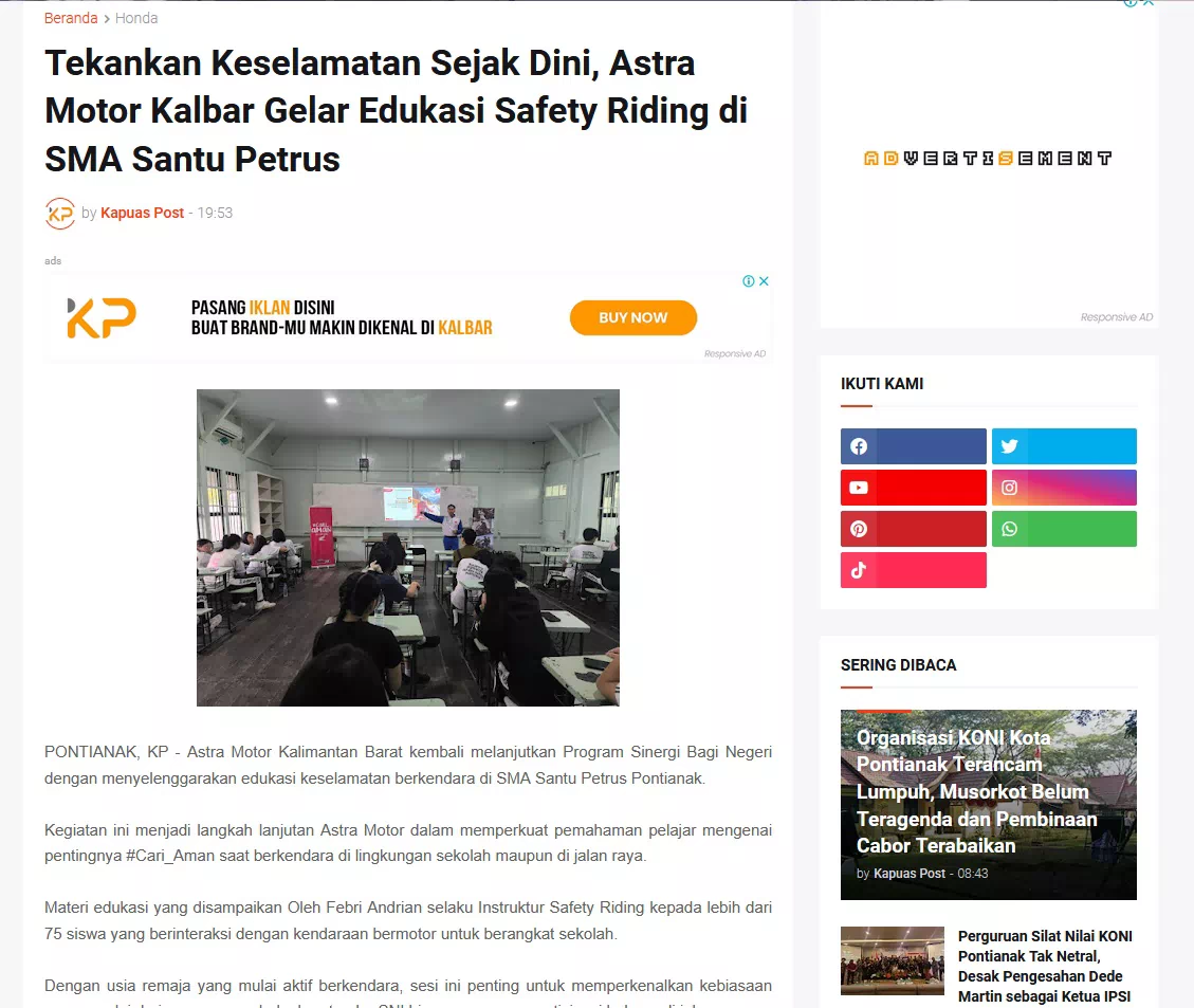 Tekankan Keselamatan Sejak Dini, Astra Motor Kalbar Gelar Edukasi Safety Riding di SMA Santu Petrus