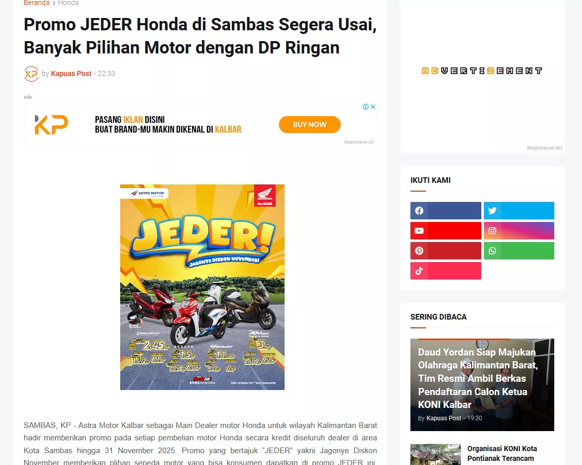 Promo JEDER Honda di Sambas Segera Usai, Banyak Pilihan Motor dengan DP Ringan