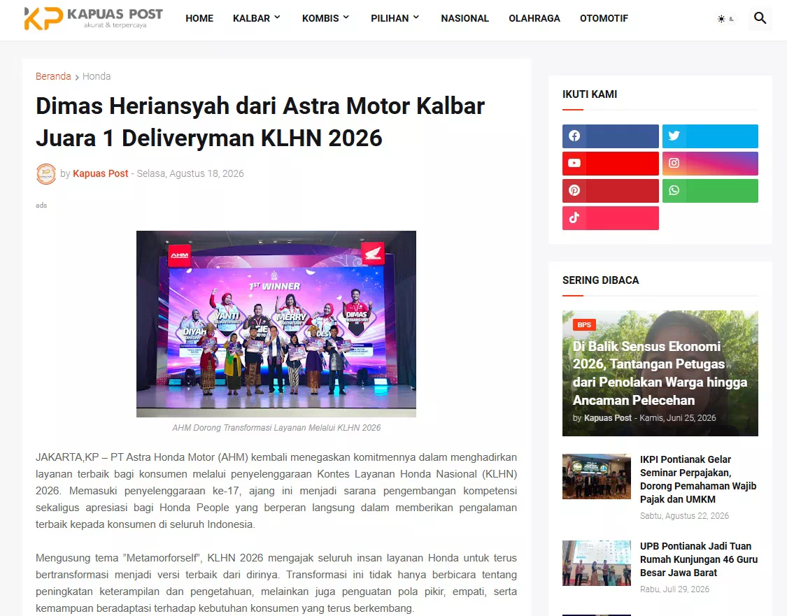 Dimas Heriansyah dari Astra Motor Kalbar Juara 1 Deliveryman KLHN 2026