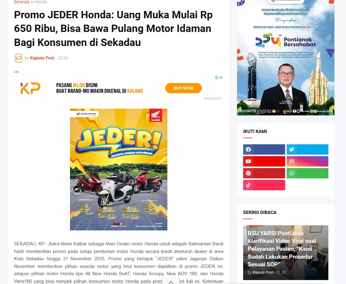 Promo JEDER Honda: Uang Muka Mulai Rp 650 Ribu, Bisa Bawa Pulang Motor Idaman Bagi Konsumen di Sekadau