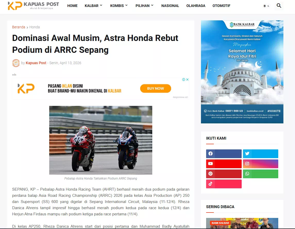 Dominasi Awal Musim, Astra Honda Rebut Podium di ARRC Sepang