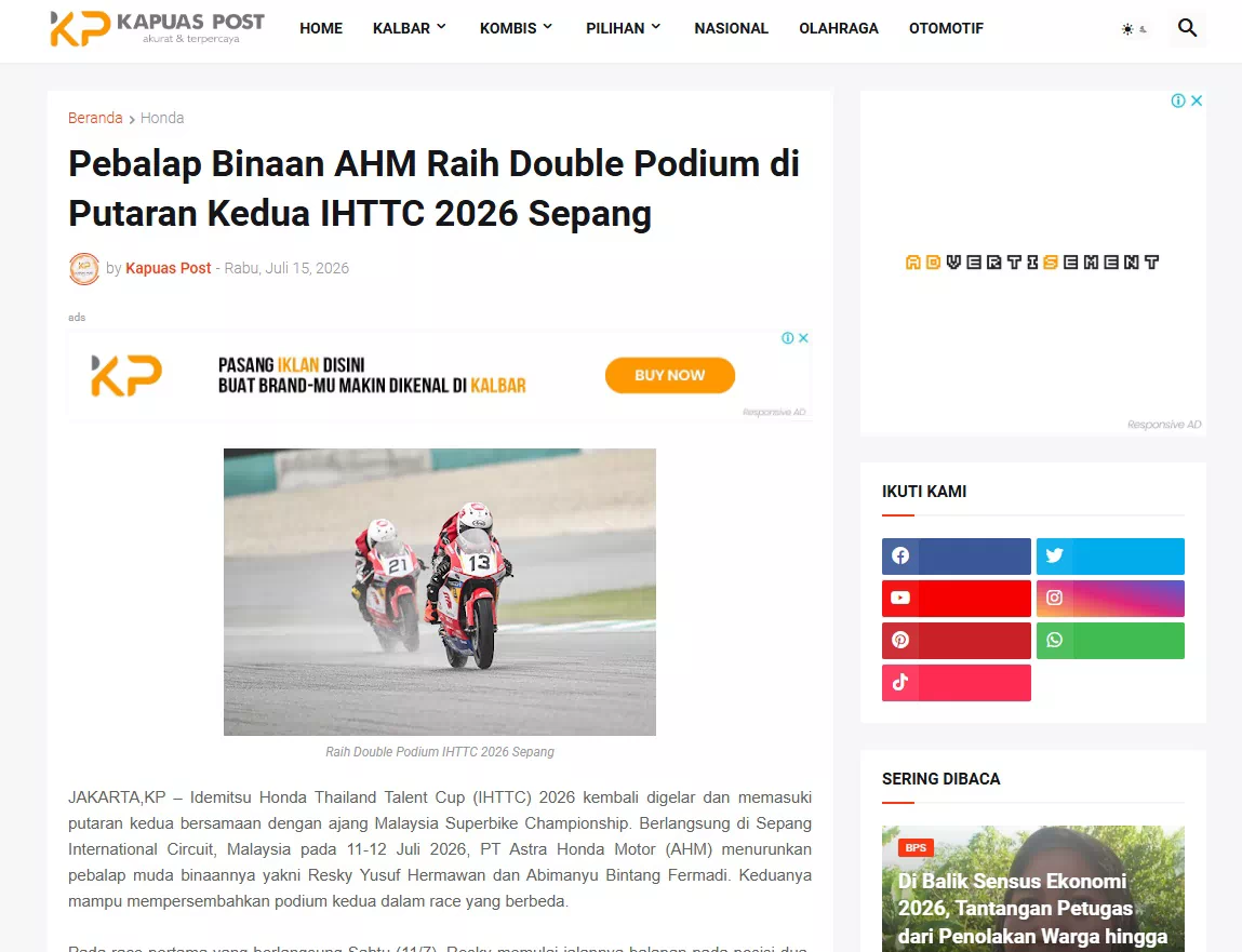 Pebalap Binaan AHM Raih Double Podium di Putaran Kedua IHTTC 2026 Sepang