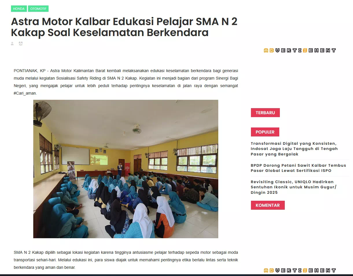 Astra Motor Kalbar Edukasi Pelajar SMA N 2 Kakap Soal Keselamatan Berkendara