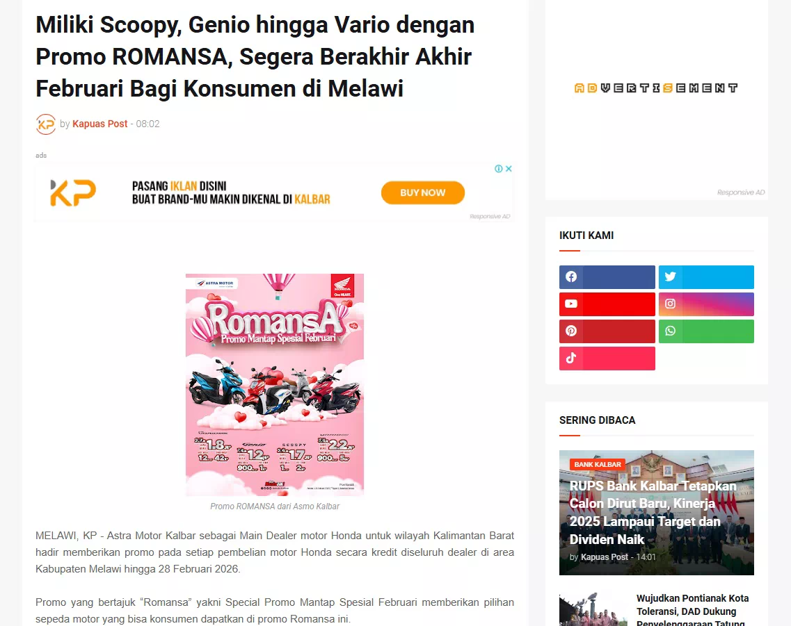 Miliki Scoopy, Genio hingga Vario dengan Promo ROMANSA, Segera Berakhir Akhir Februari Bagi Konsumen di Melawi