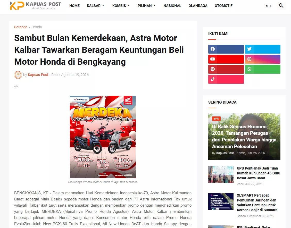 Sambut Bulan Kemerdekaan, Astra Motor Kalbar Tawarkan Beragam Keuntungan Beli Motor Honda di Bengkayang