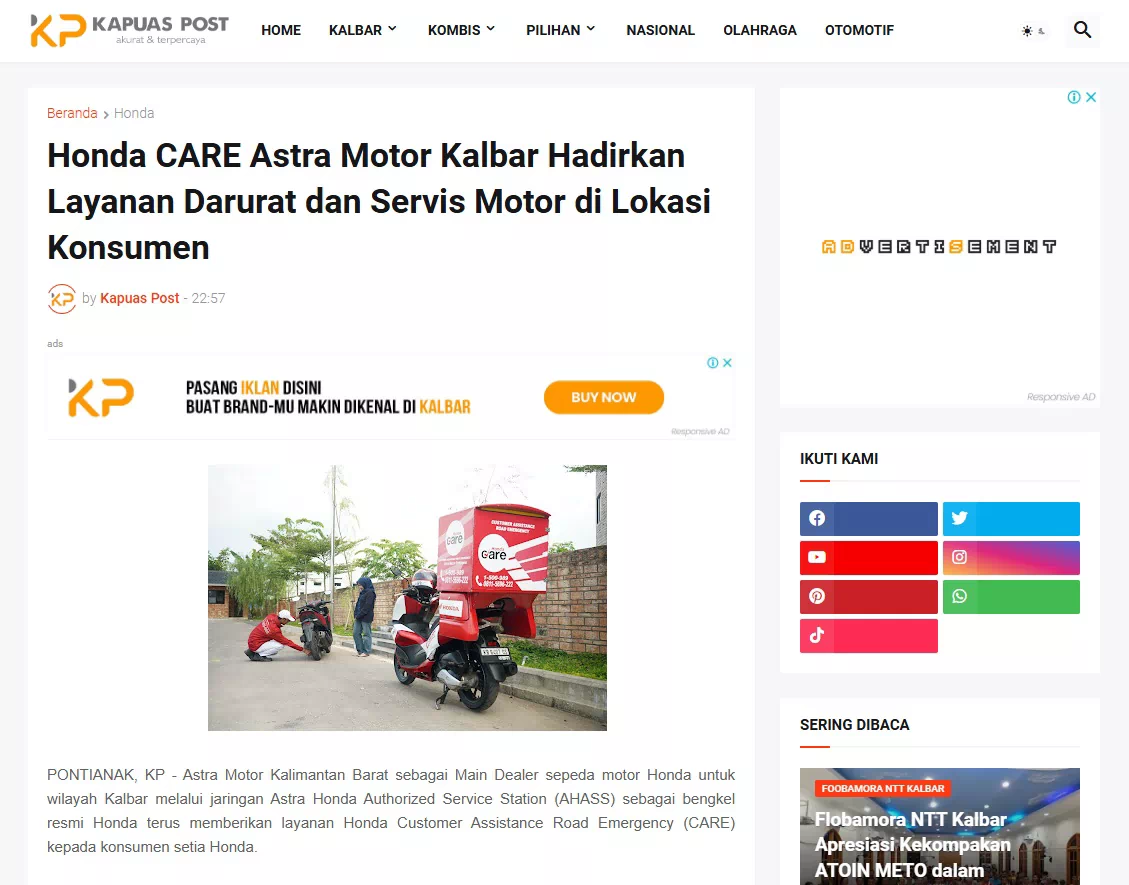 Honda CARE Astra Motor Kalbar Hadirkan Layanan Darurat dan Servis Motor di Lokasi Konsumen
