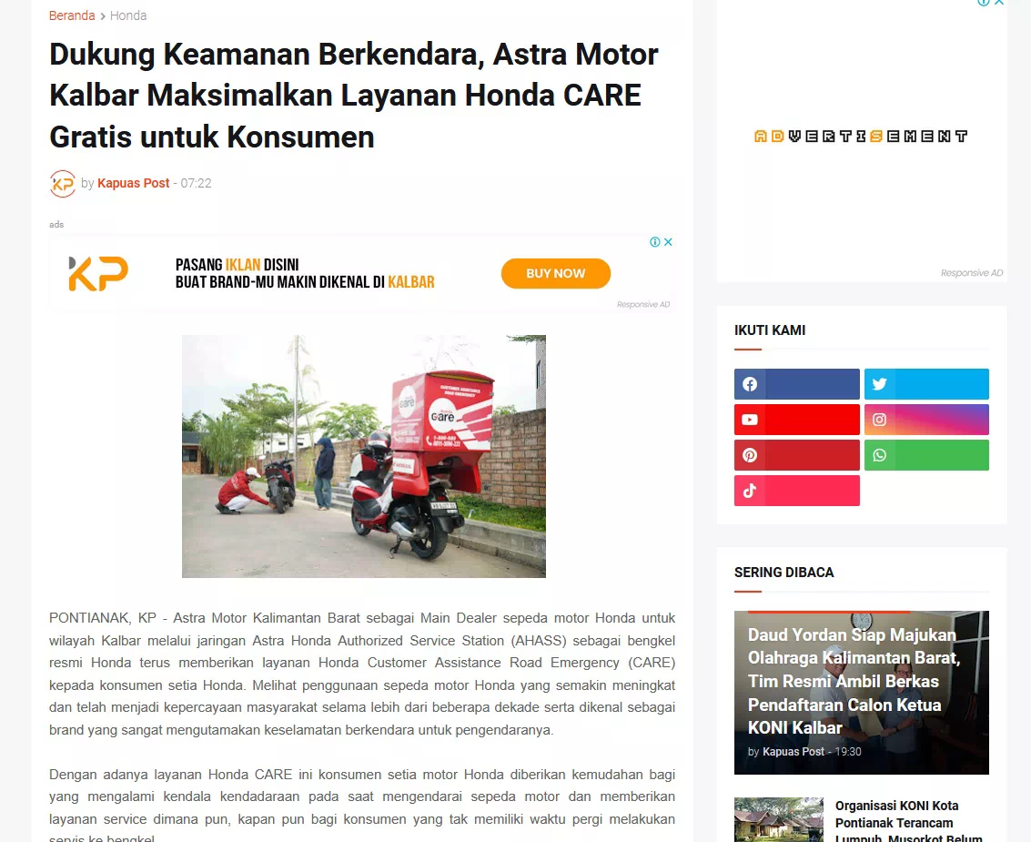 Dukung Keamanan Berkendara, Astra Motor Kalbar Maksimalkan Layanan Honda CARE Gratis untuk Konsumen
