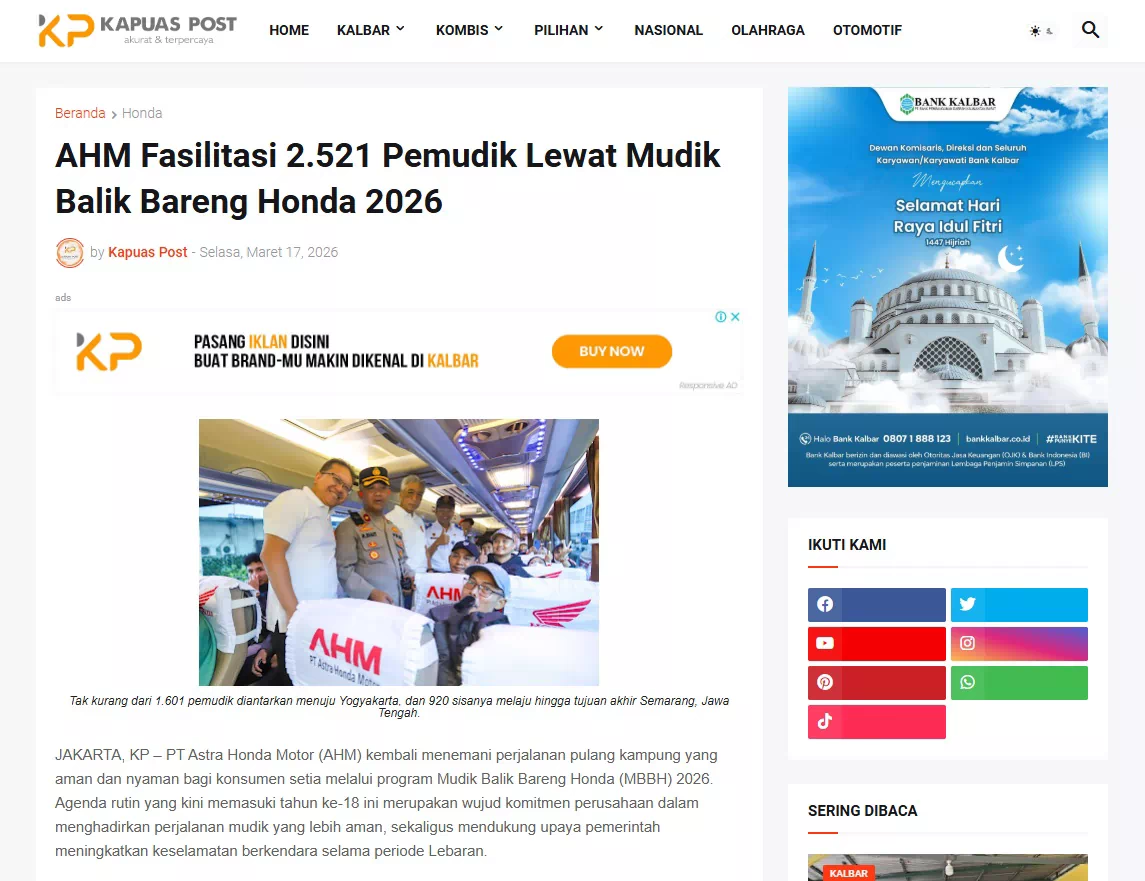 AHM Fasilitasi 2.521 Pemudik Lewat Mudik Balik Bareng Honda 2026