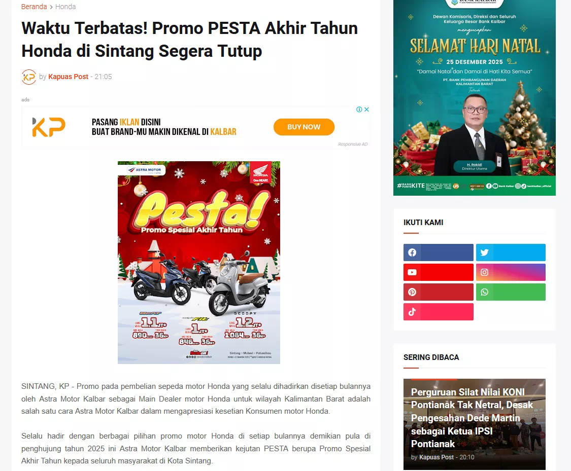Waktu Terbatas! Promo PESTA Akhir Tahun Honda di Sintang Segera Tutup