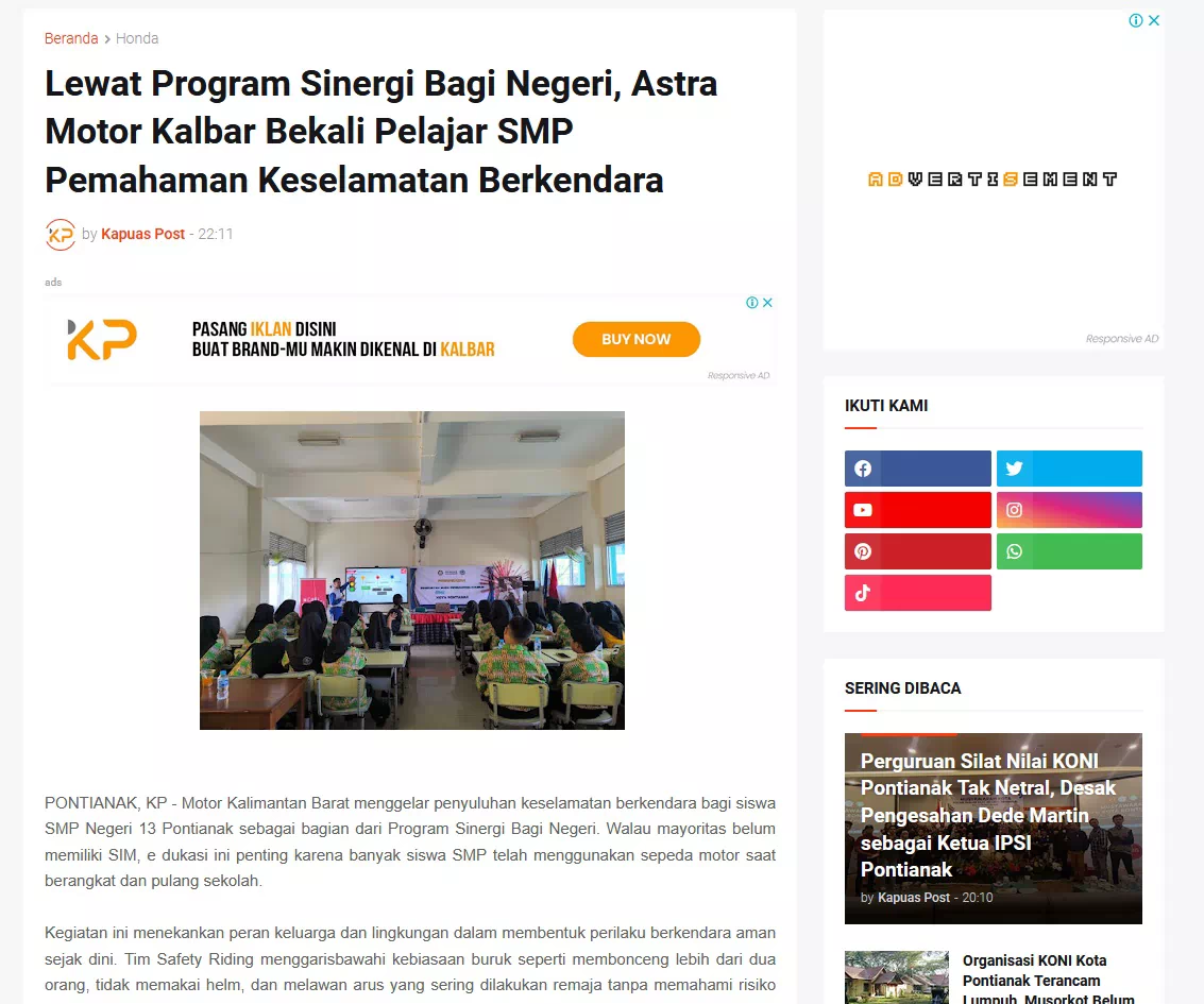 Lewat Program Sinergi Bagi Negeri, Astra Motor Kalbar Bekali Pelajar SMP Pemahaman Keselamatan Berkendara