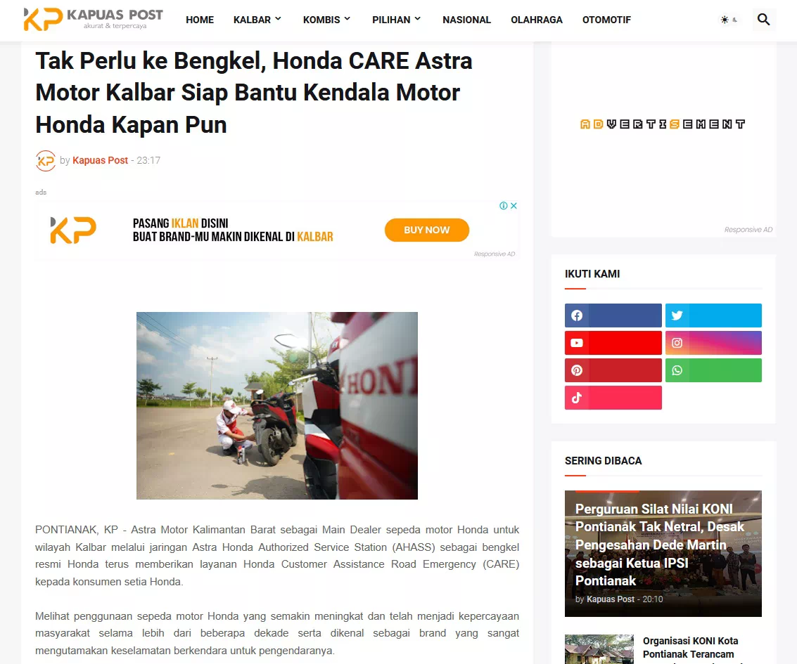 Tak Perlu ke Bengkel, Honda CARE Astra Motor Kalbar Siap Bantu Kendala Motor Honda Kapan Pun
