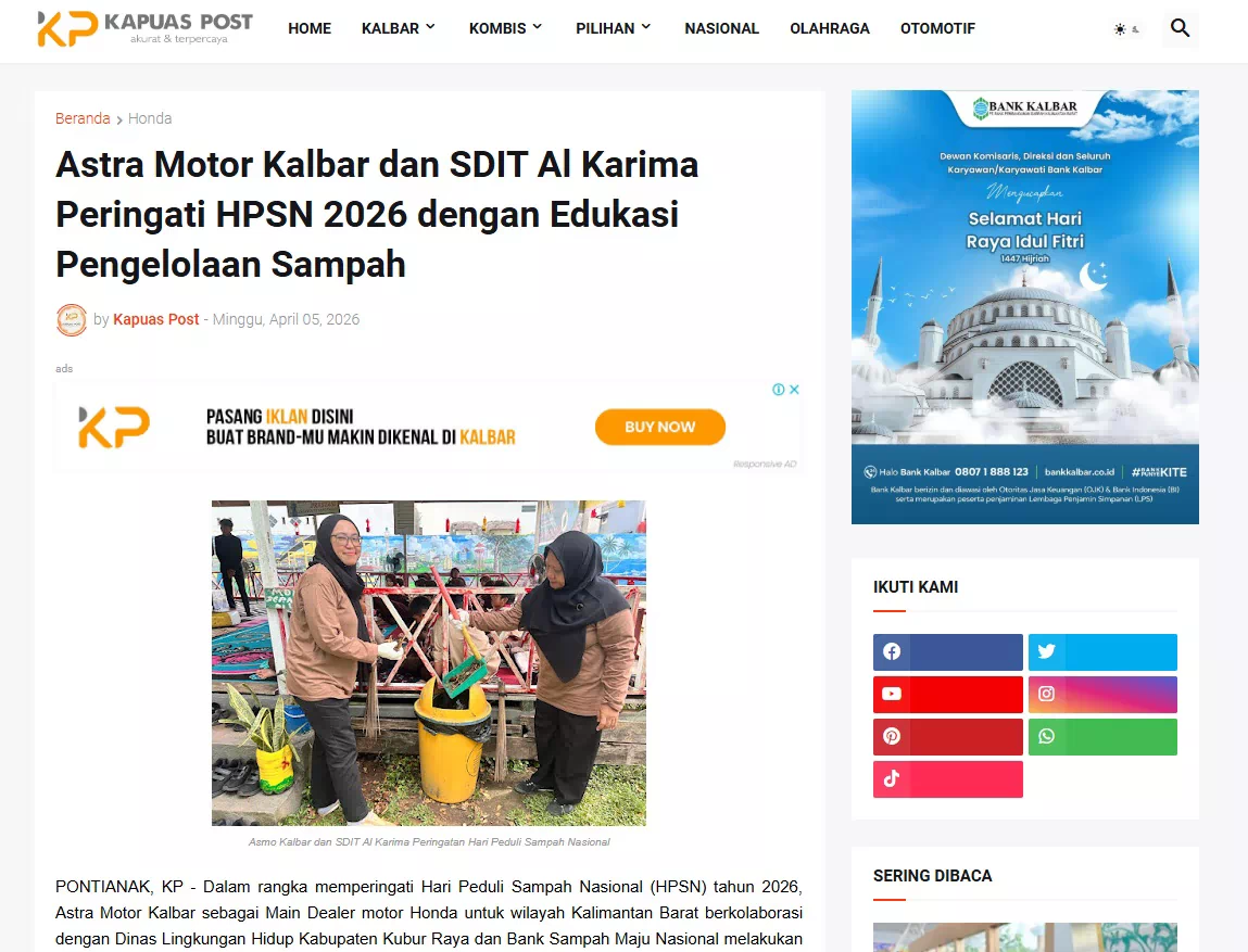 Astra Motor Kalbar dan SDIT Al Karima Peringati HPSN 2026 dengan Edukasi Pengelolaan Sampah