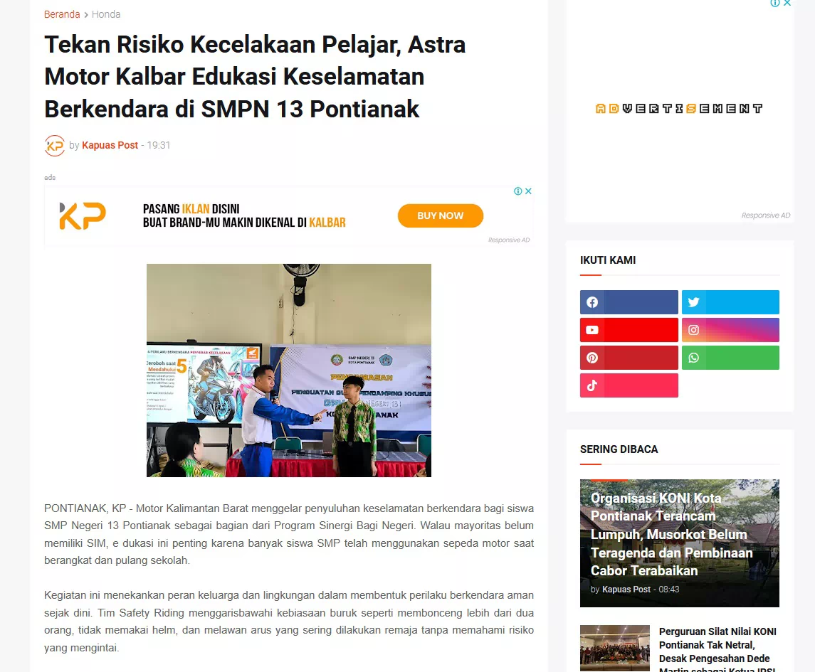Tekan Risiko Kecelakaan Pelajar, Astra Motor Kalbar Edukasi Keselamatan Berkendara di SMPN 13 Pontianak