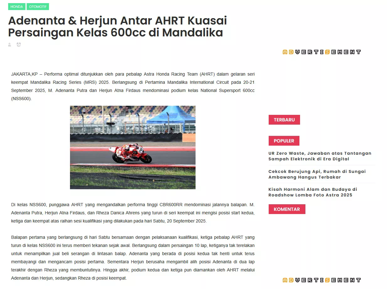 Adenanta &amp; Herjun Antar AHRT Kuasai Persaingan Kelas 600cc di Mandalika