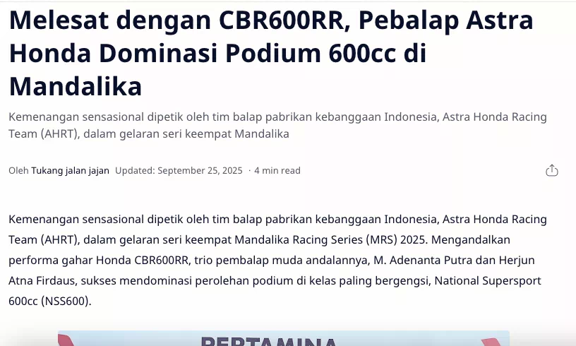 Melesat dengan CBR600RR, Pebalap Astra Honda Dominasi Podium 600cc di Mandalika