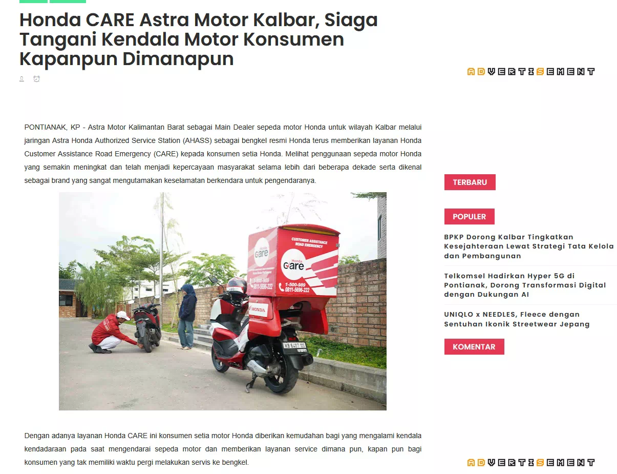 Honda CARE Astra Motor Kalbar, Siaga Tangani Kendala Motor Konsumen Kapanpun Dimanapun