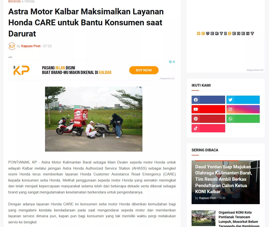 Astra Motor Kalbar Maksimalkan Layanan Honda CARE untuk Bantu Konsumen saat Darurat
