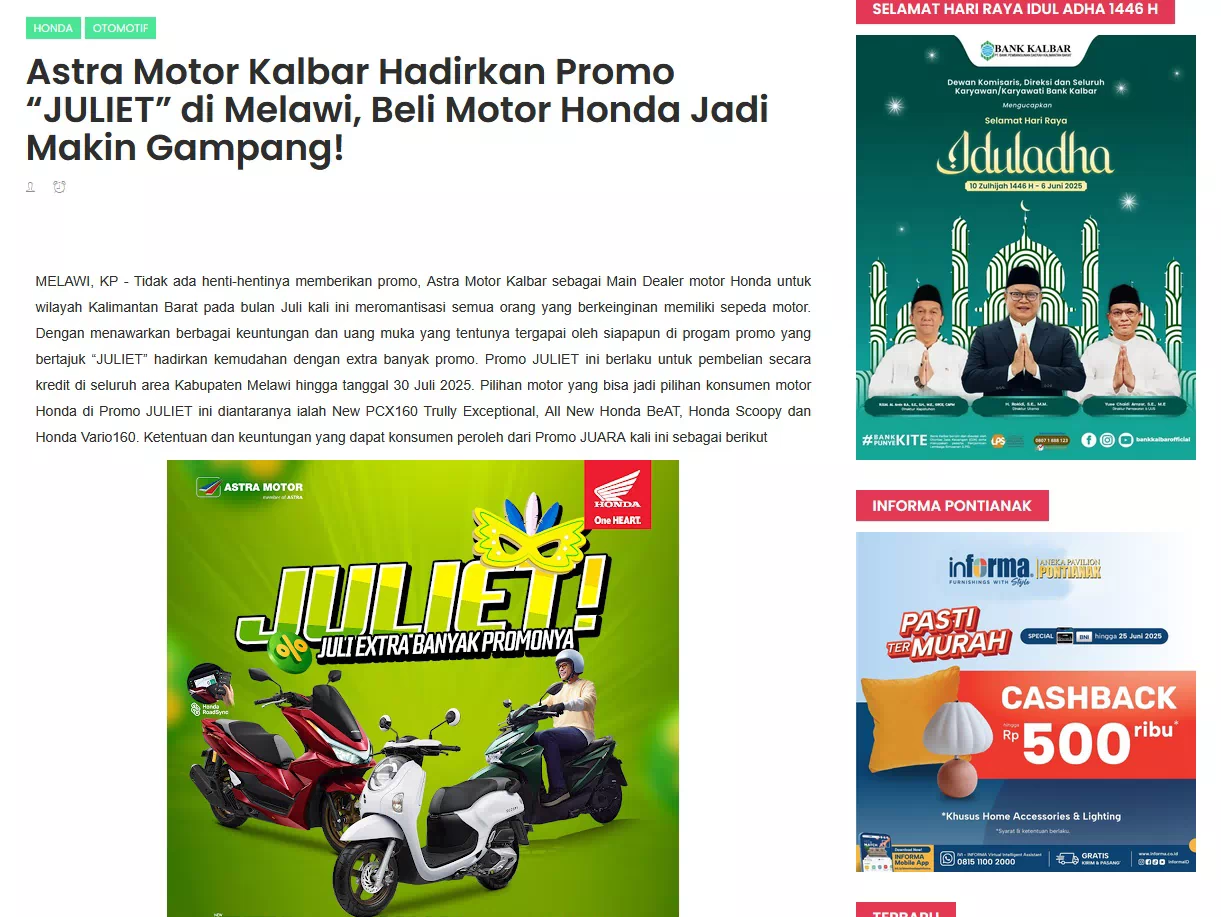 Astra Motor Kalbar Hadirkan Promo “JULIET” di Melawi, Beli Motor Honda Jadi Makin Gampang!