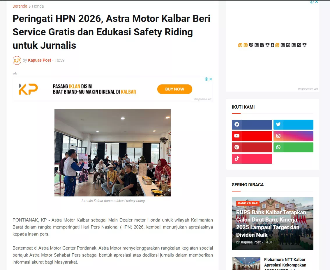 Peringati HPN 2026, Astra Motor Kalbar Beri Service Gratis dan Edukasi Safety Riding untuk Jurnalis