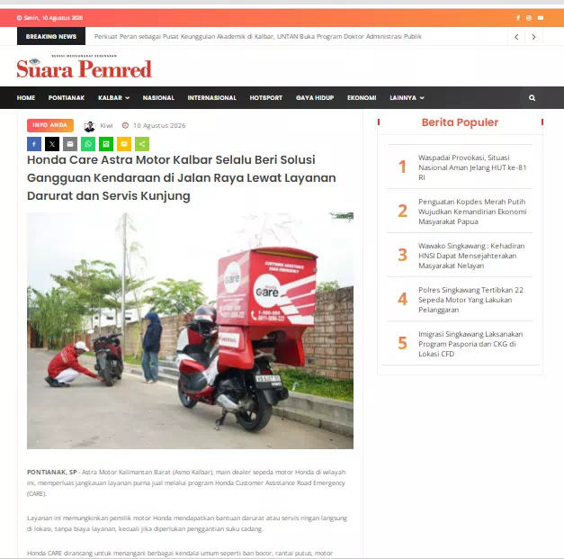 Honda Care Astra Motor Kalbar Selalu Beri Solusi Gangguan Kendaraan di Jalan Raya Lewat Layanan Darurat dan Servis Kunjung