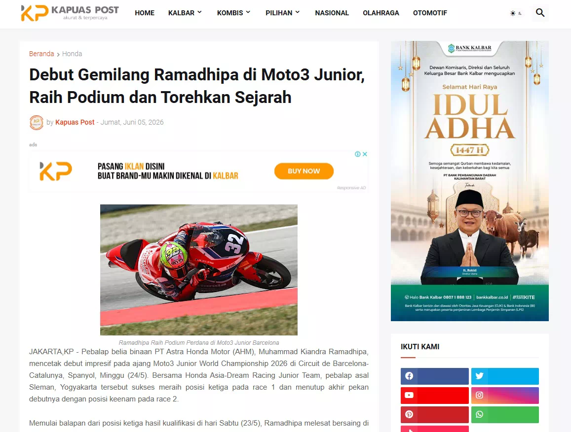 Debut Gemilang Ramadhipa di Moto3 Junior, Raih Podium dan Torehkan Sejarah