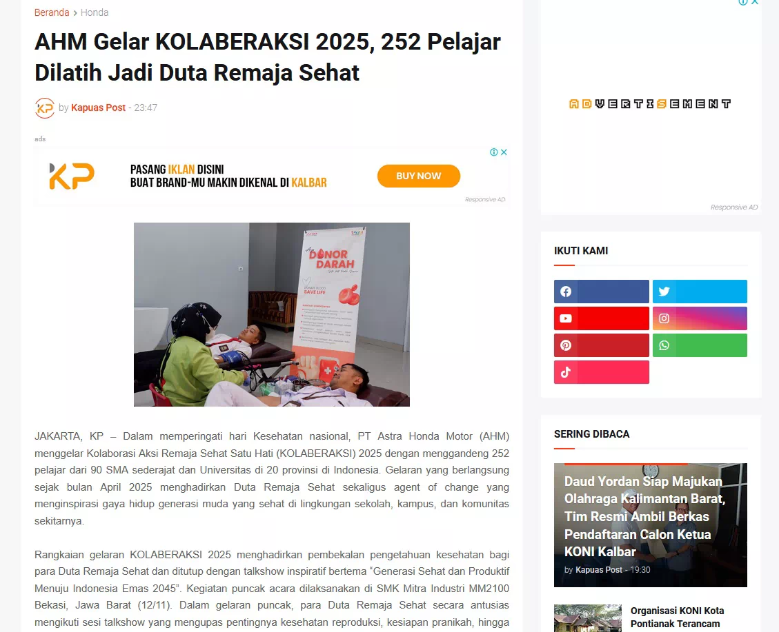 AHM Gelar KOLABERAKSI 2025, 252 Pelajar Dilatih Jadi Duta Remaja Sehat