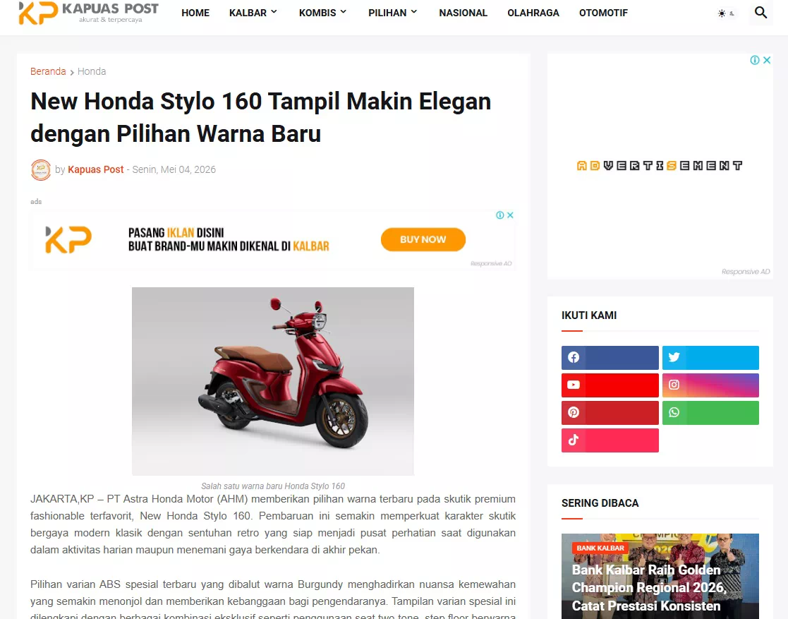 New Honda Stylo 160 Tampil Makin Elegan dengan Pilihan Warna Baru