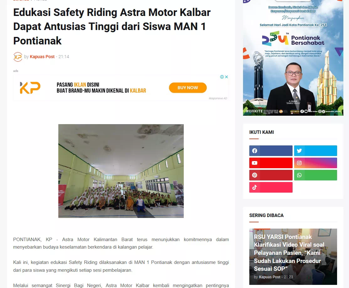Edukasi Safety Riding Astra Motor Kalbar Dapat Antusias Tinggi dari Siswa MAN 1 Pontianak