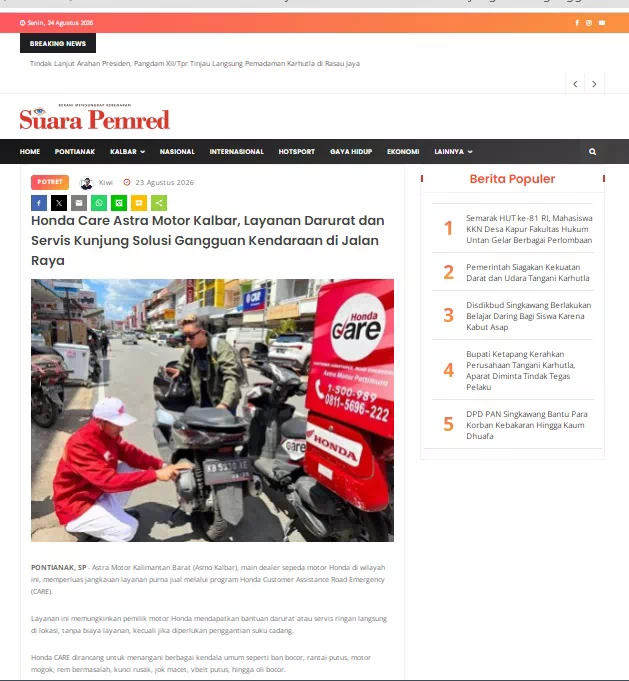 Honda Care Astra Motor Kalbar, Layanan Darurat dan Servis Kunjung Solusi Gangguan Kendaraan di Jalan Raya