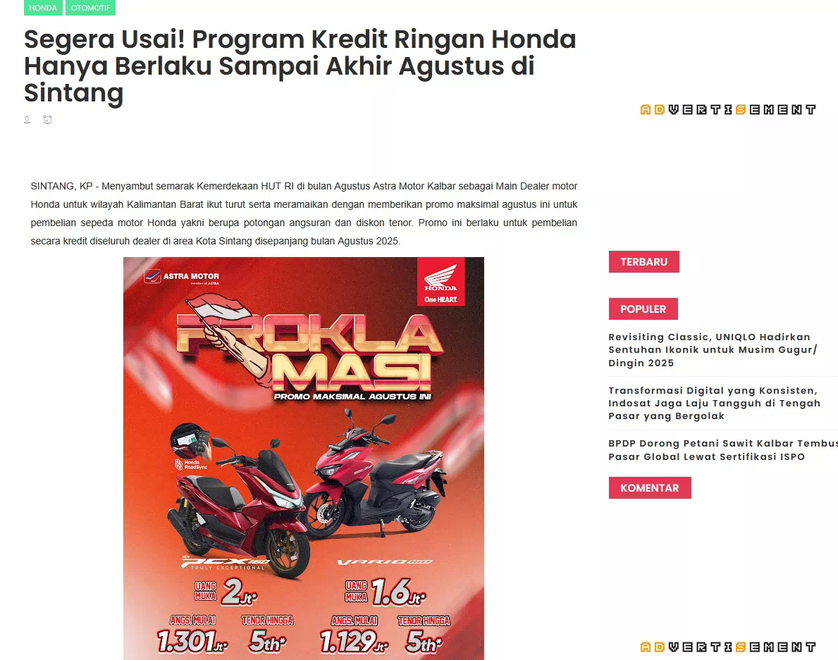 Segera Usai! Program Kredit Ringan Honda Hanya Berlaku Sampai Akhir Agustus di Sintang