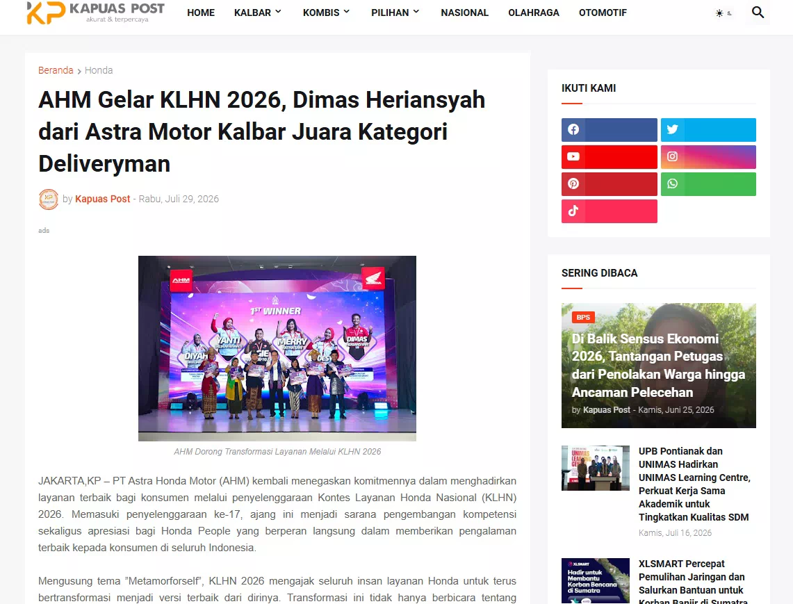 AHM Gelar KLHN 2026, Dimas Heriansyah dari Astra Motor Kalbar Juara Kategori Deliveryman