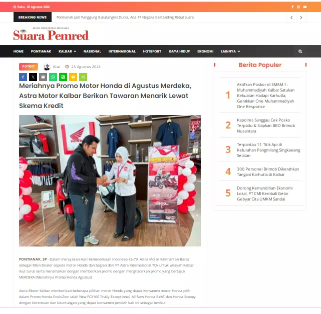 Meriahnya Promo Motor Honda di Agustus Merdeka, Astra Motor Kalbar Berikan Tawaran Menarik Lewat Skema Kredit