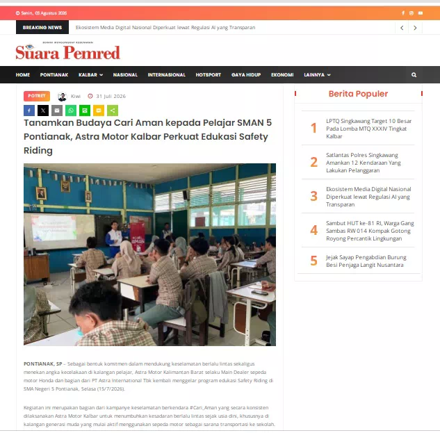 Tanamkan Budaya Cari Aman kepada Pelajar SMAN 5 Pontianak, Astra Motor Kalbar Perkuat Edukasi Safety Riding