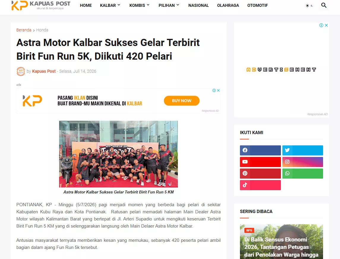 Astra Motor Kalbar Sukses Gelar Terbirit Birit Fun Run 5K, Diikuti 420 Pelari