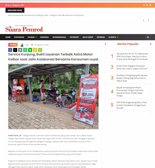 Service Kunjung, Bukti Layanan Terbaik Astra Motor Kalbar saat Jalin Kolaborasi Bersama Konsumen Loyal