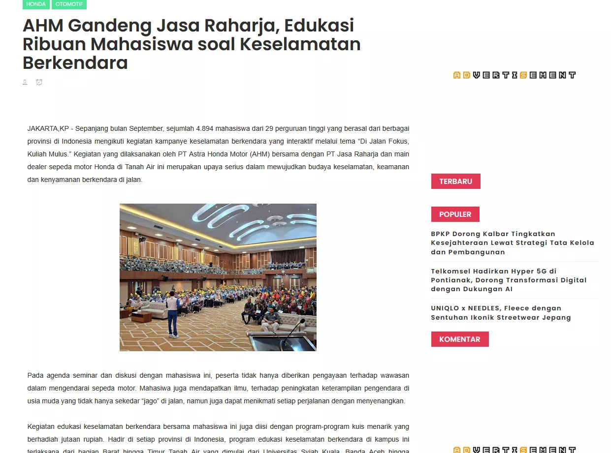 AHM Gandeng Jasa Raharja, Edukasi Ribuan Mahasiswa soal Keselamatan Berkendara